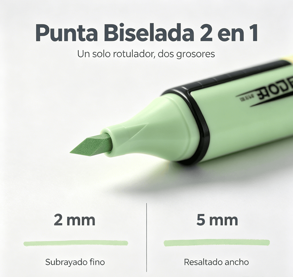Subrayadores pastel con punta biselada 2 en 1, ideal para subrayado fino y resaltado ancho.