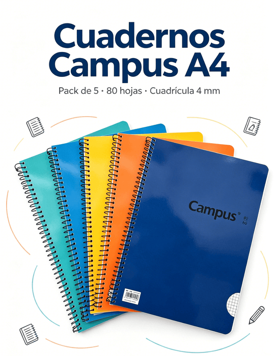 Cuadernos Campus A4 en pack de 5, 80 hojas, cuadrícula de 4 mm, ideales para estudiar y organizar notas.