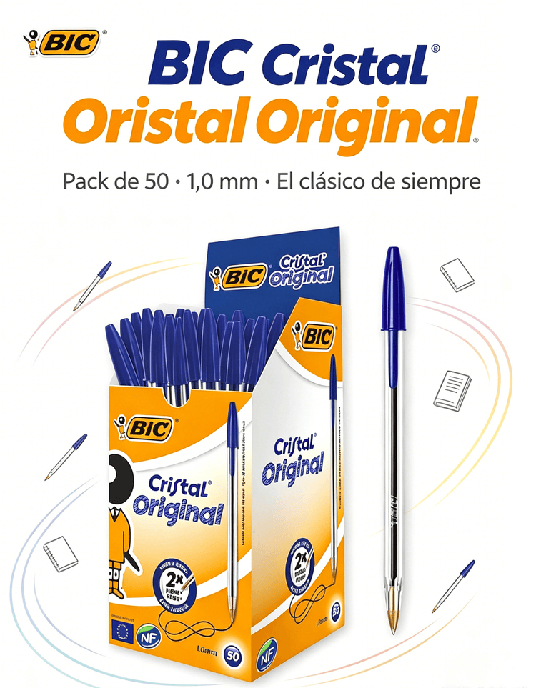 BIC Cristal Original pack de 50 bolígrafos azules con punta de 1,0 mm