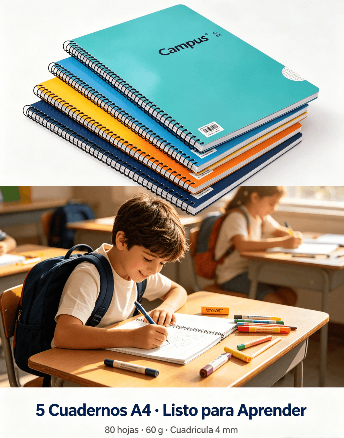Cuadernos Campus A4 pack de 5, cuadrícula 4 mm, ideales para estudiar y tomar apuntes en clase.