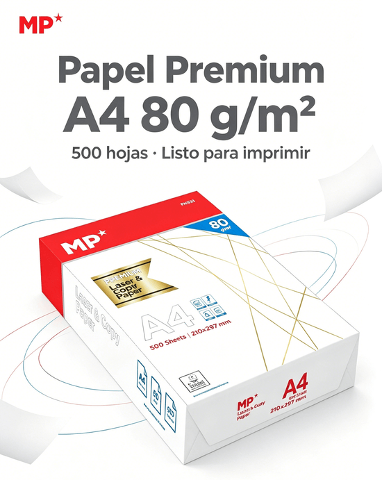Papel A4 Premium 80 g/m² en paquete de 500 hojas, listo para imprimir, de la marca MP.