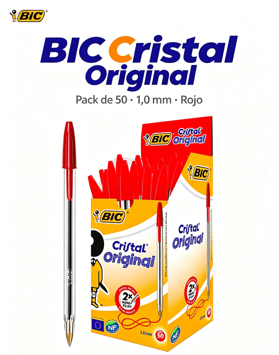 BIC Cristal Original pack de 50 bolígrafos rojos con punta de 1,0 mm