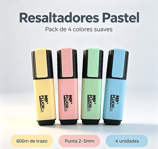 Subrayadores pastel en pack de 4 colores suaves, ideales para destacar textos y documentos de manera ordenada.