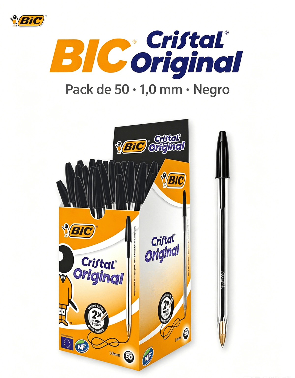 BIC Cristal Original pack de 50 bolígrafos negros con punta de 1,0 mm