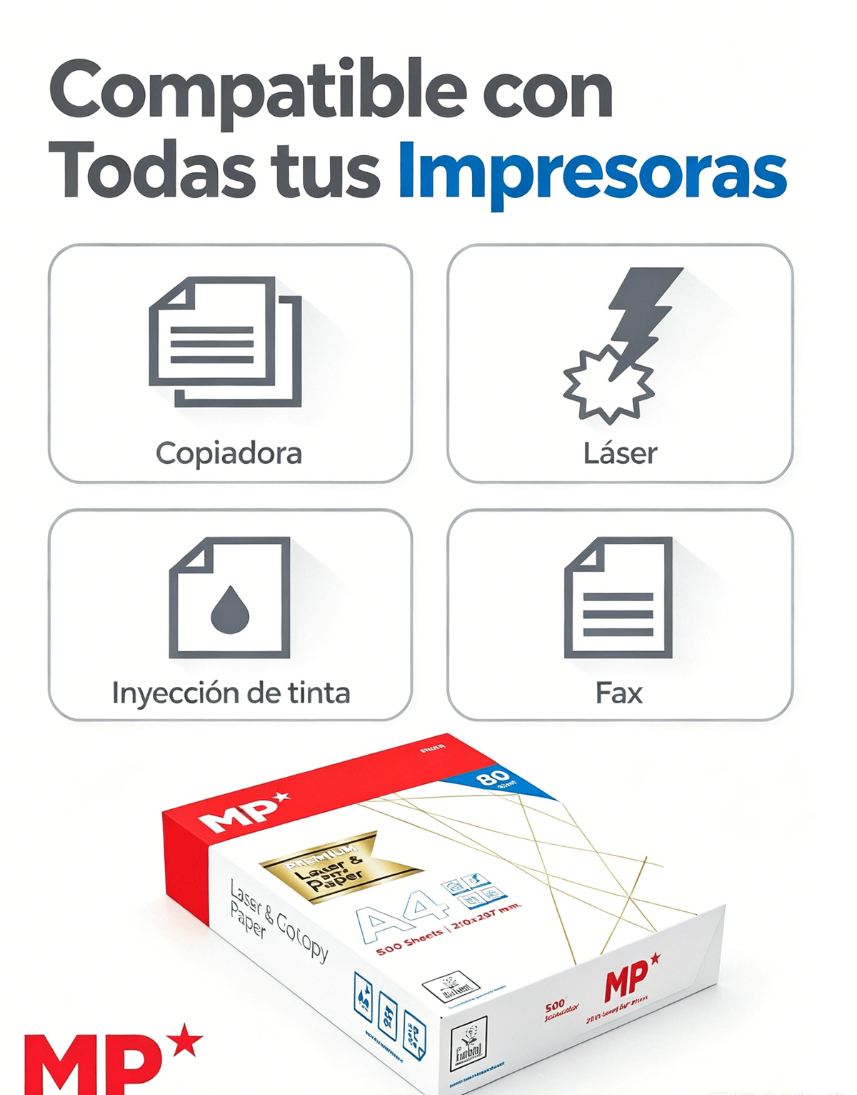 Papel A4 Premium 80 g/m², 500 hojas, compatible con copiadoras, láser, inyección de tinta y fax.