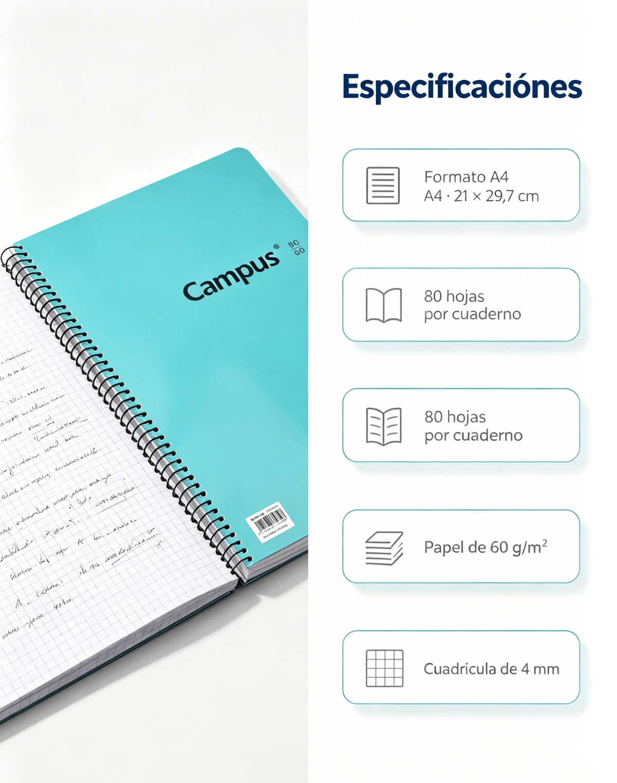 Cuadernos Campus A4, pack de 5, con cuadrícula de 4 mm y 80 hojas por cuaderno, ideales para el estudio.