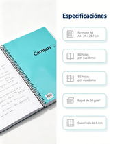Cuadernos Campus A4, pack de 5, con cuadrícula de 4 mm y 80 hojas por cuaderno, ideales para el estudio.