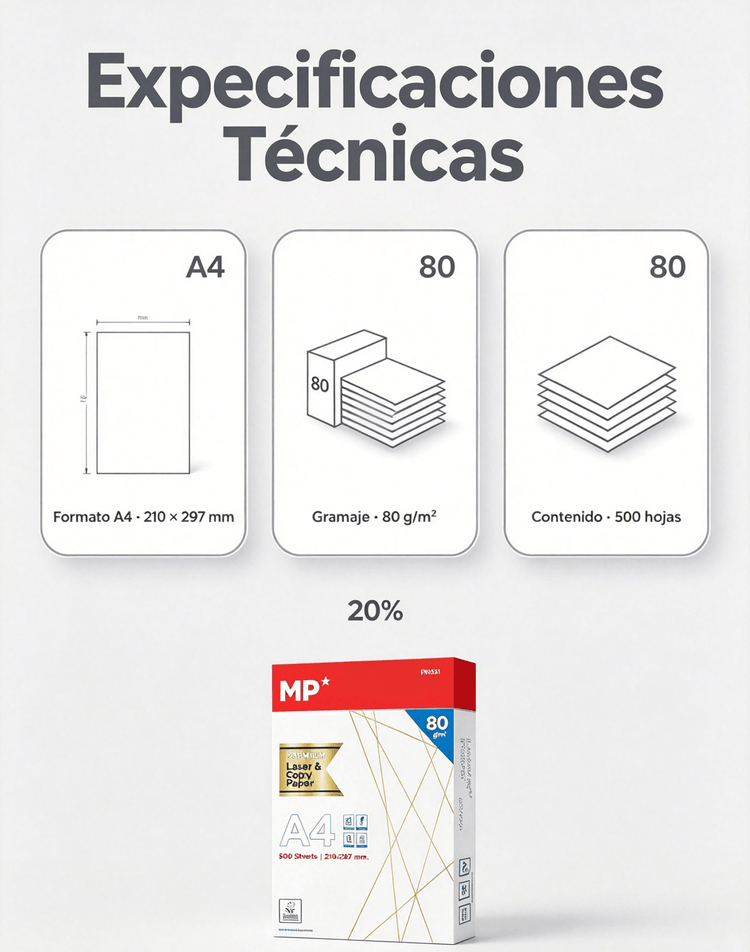 Especificaciones técnicas del papel A4 Premium 80 g/m² - 500 hojas de MP.