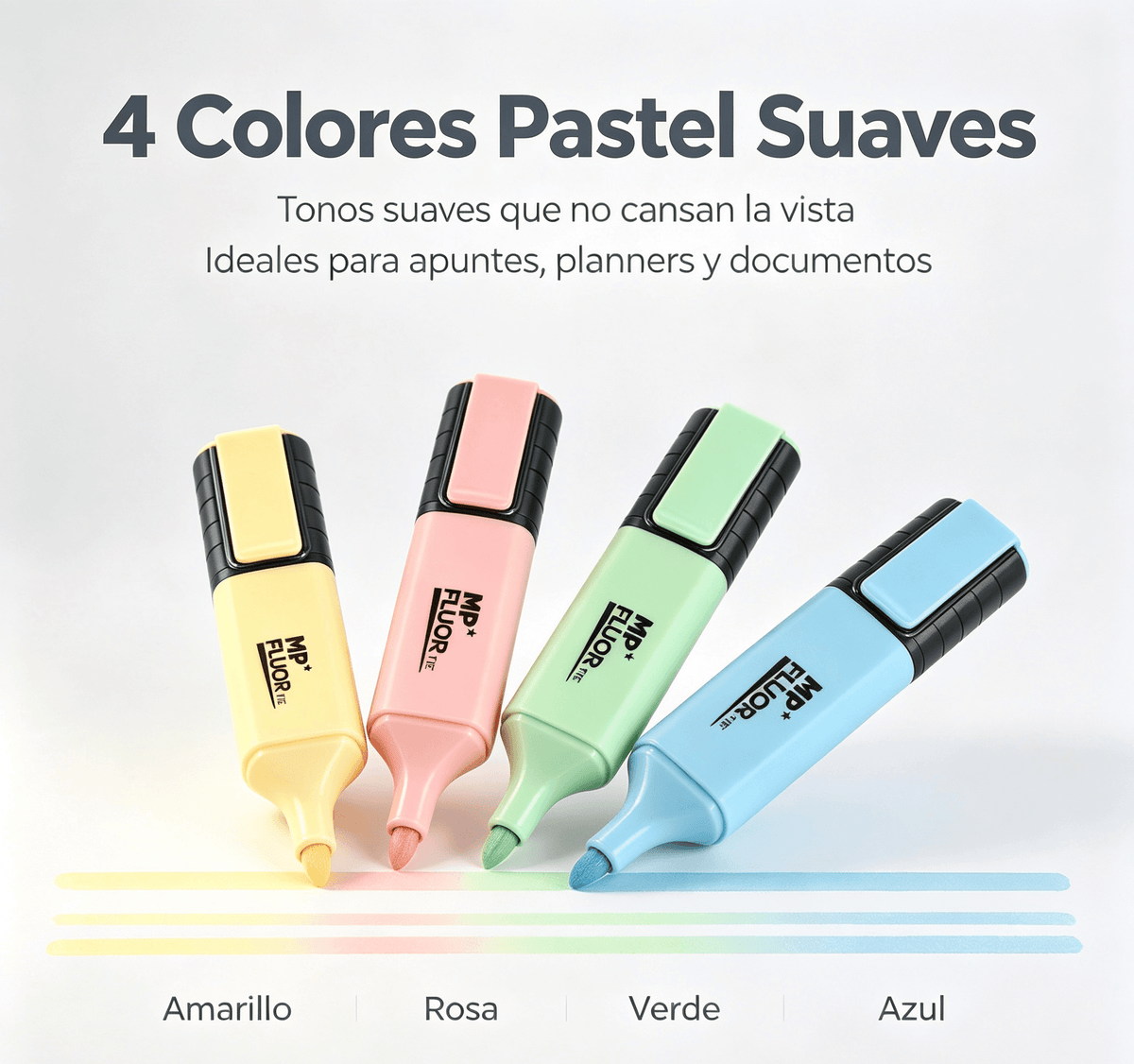 Subrayadores pastel en colores amarillo, rosa, verde y azul, ideales para apuntes y documentos