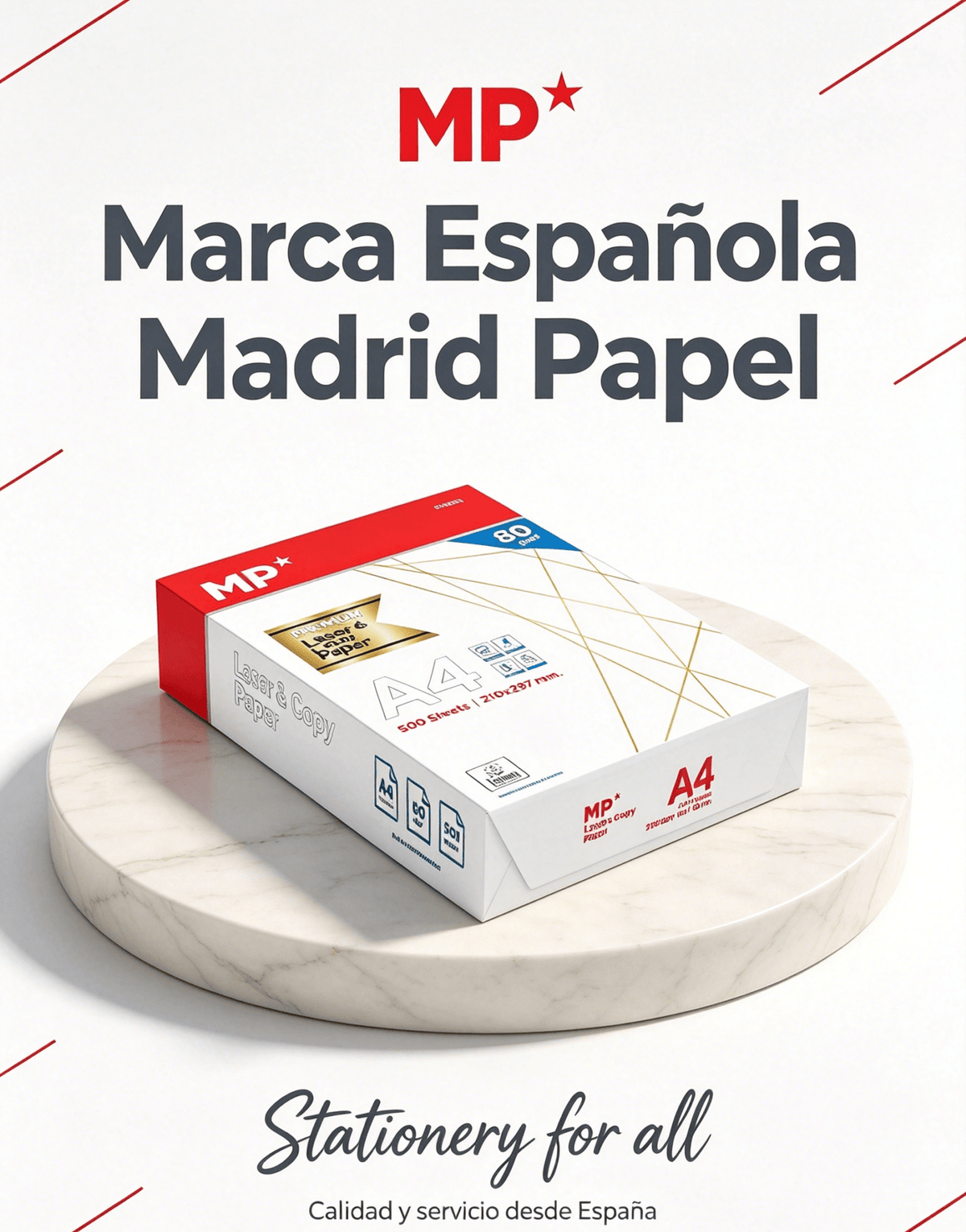 Papel A4 Premium 80 g/m² en paquete de 500 hojas de la marca MP, calidad y servicio desde España.